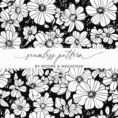 Black and White Abstract Doodle Digital, Groovy Flower Power Seamless Pattern - Moore and Mountain