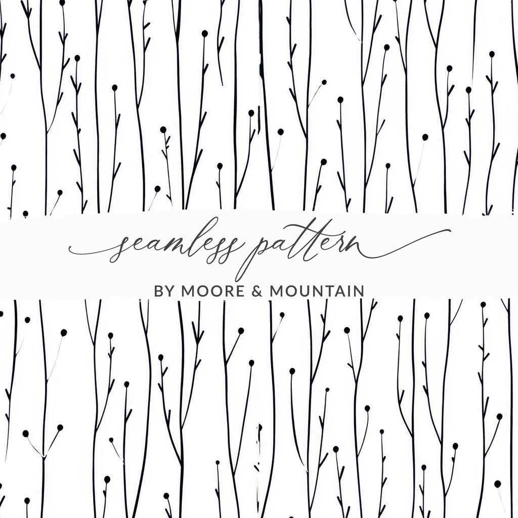 Black and White Abstract Doodle, Floral Line Art Digital Paper, Geometric Botanical Pattern, Minimalist Background, Modern Printable Design - Moore and Mountain
