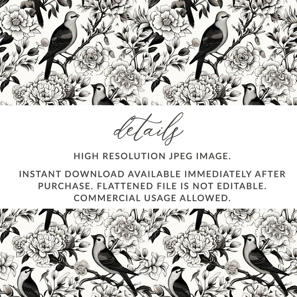 Black and White Bird Toile Seamless Pattern Modern Chinoiserie - Moore and Mountain