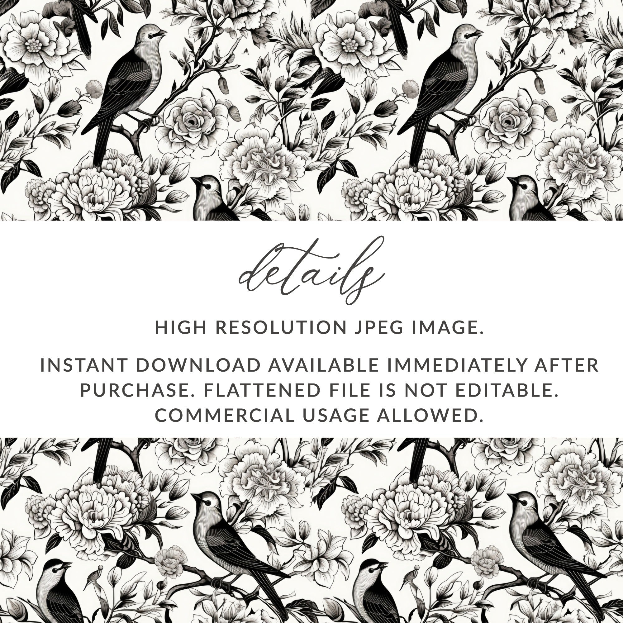 Black and White Bird Toile Seamless Pattern Modern Chinoiserie - Moore and Mountain