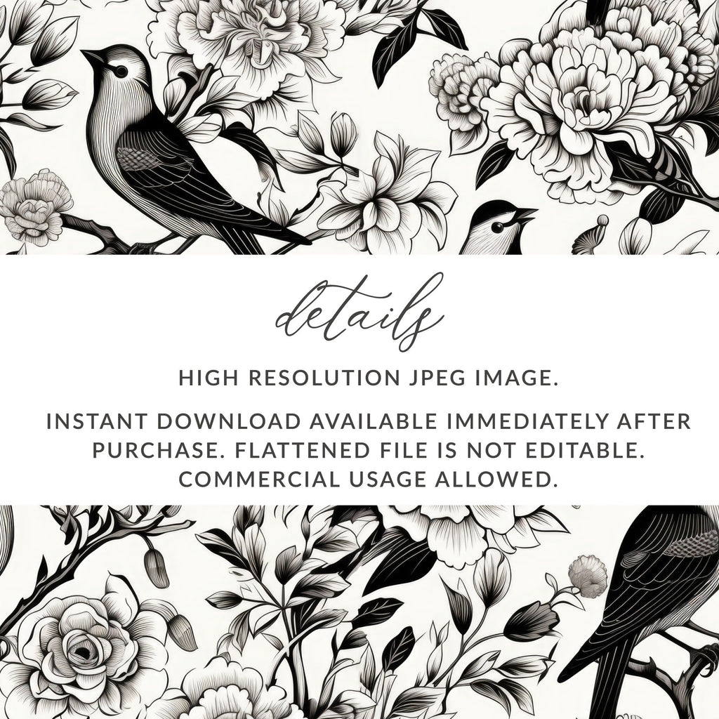 Black and White Bird Toile Seamless Pattern Modern Chinoiserie - Moore and Mountain