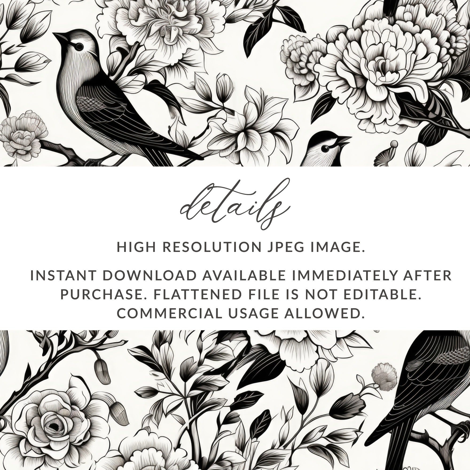 Black and White Bird Toile Seamless Pattern Modern Chinoiserie - Moore and Mountain