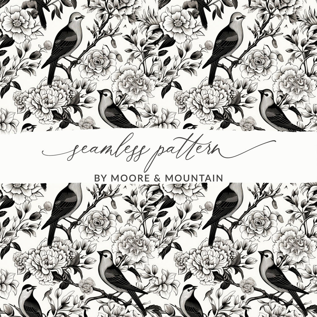 Black and White Bird Toile Seamless Pattern Modern Chinoiserie - Moore and Mountain