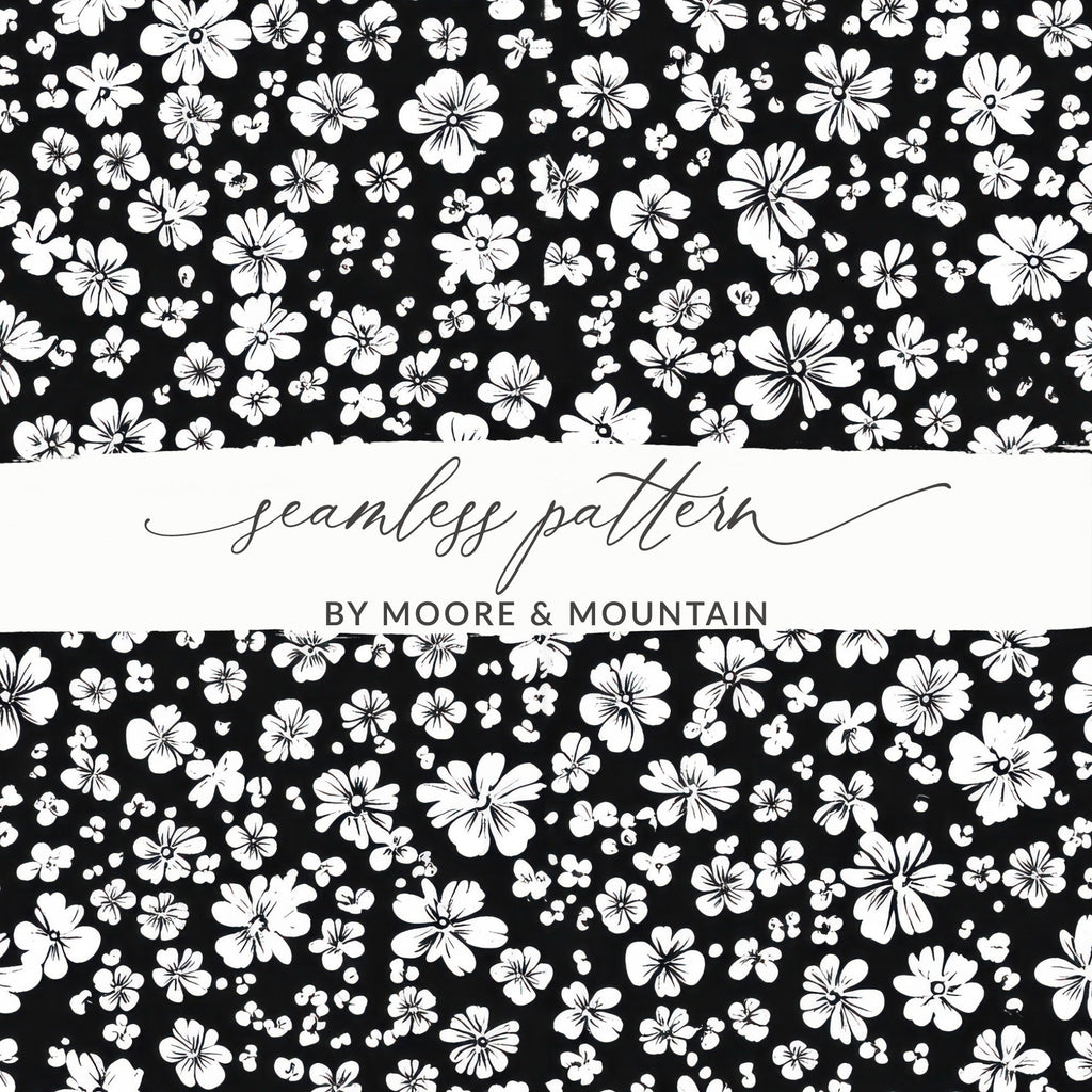 Black and White Floral Doodle, Abstract Digital Paper, Flower Pattern, Modern Design, Seamless Printable, Commercial Use - Moore and Mountain