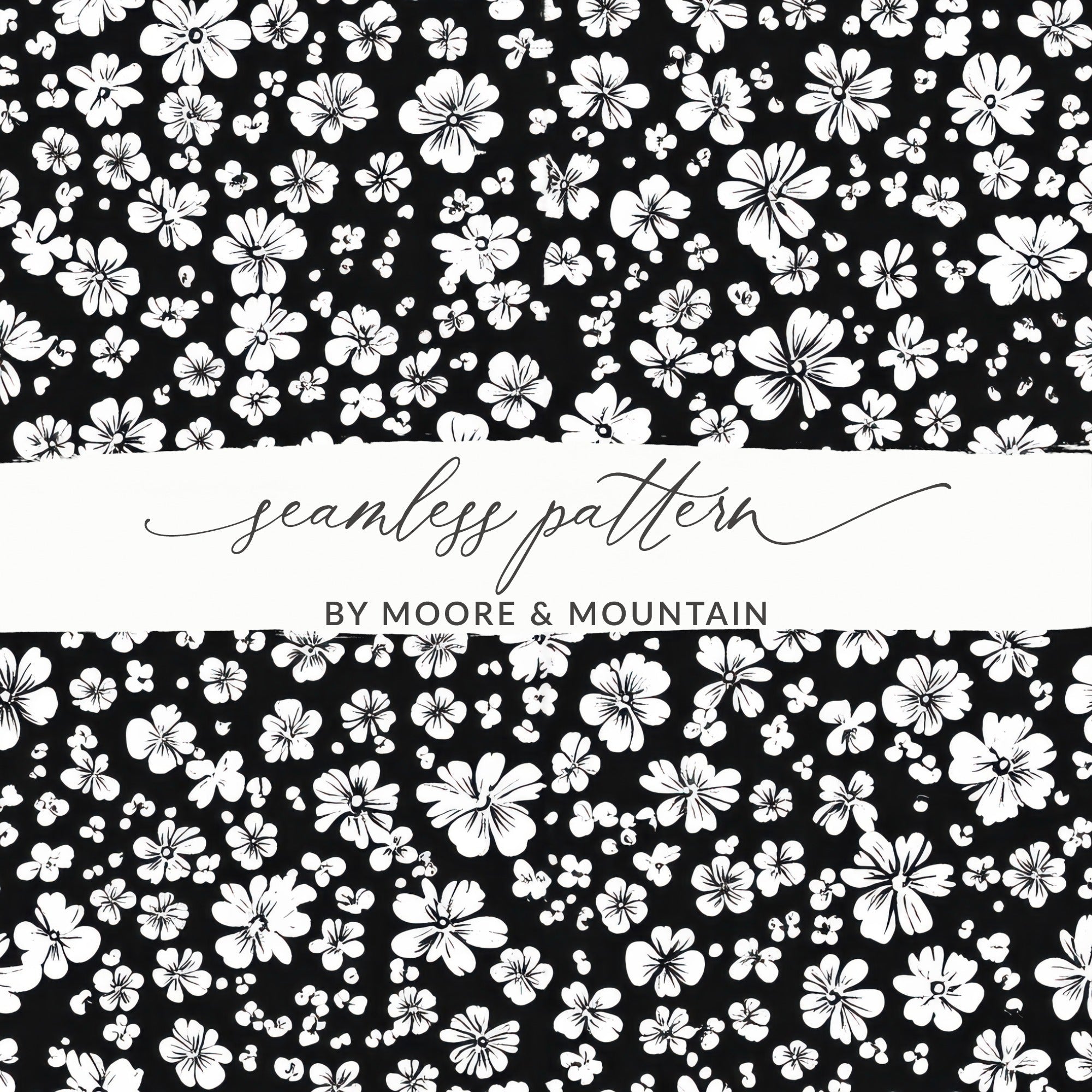 Black and White Floral Doodle, Abstract Digital Paper, Flower Pattern, Modern Design, Seamless Printable, Commercial Use - Moore and Mountain