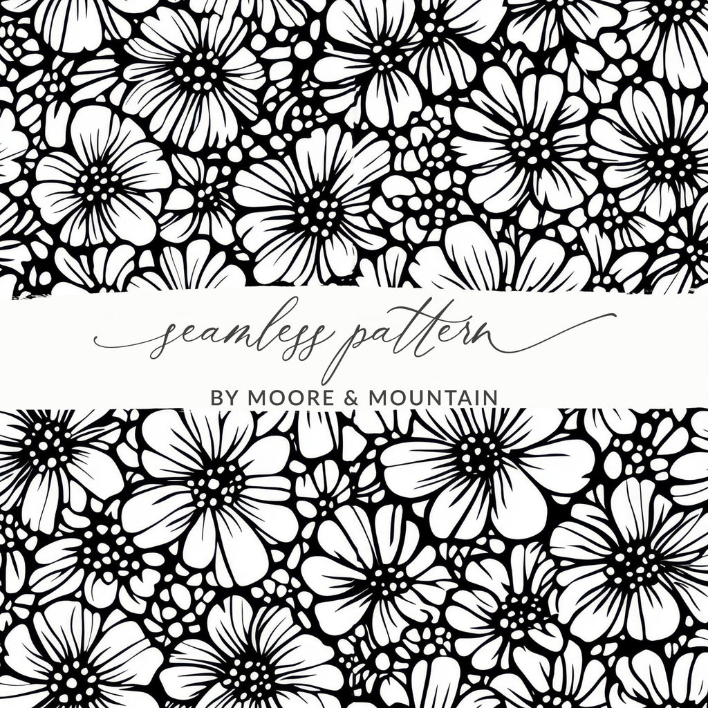 Black and White Floral Doodle, Abstract Digital Paper, Seamless Pattern, Modern Fabric Design, DIY Craft Project, Scrapbook, Digital - Moore and Mountain