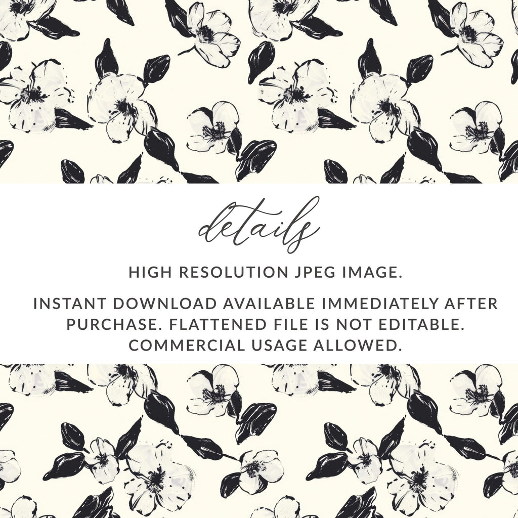 Black and White Floral Pattern, Seamless Flower Digital Paper, Magnolia Blossom, Digital Background, Fabric Design, Scrapbooking - Moore and Mountain
