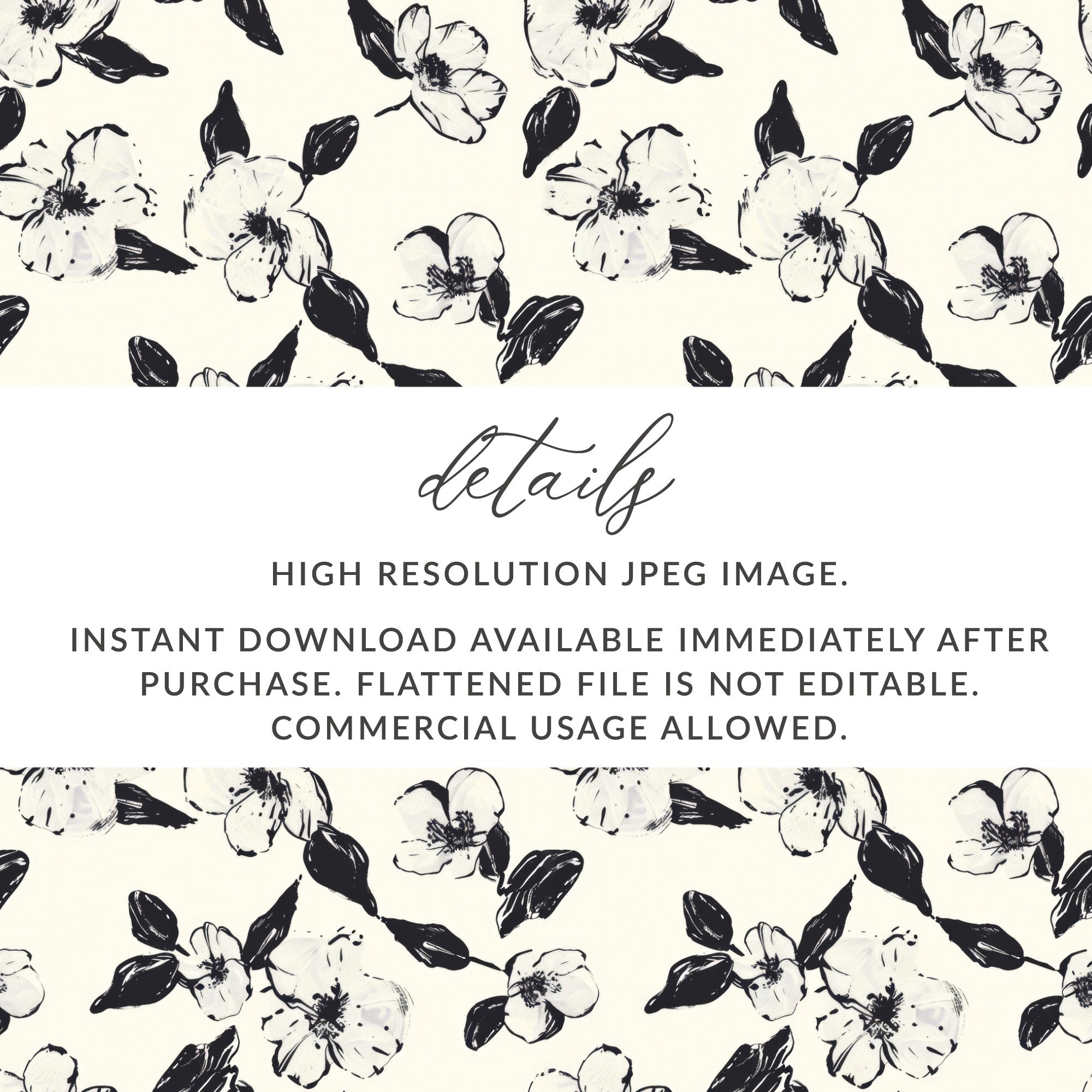 Black and White Floral Pattern, Seamless Flower Digital Paper, Magnolia Blossom, Digital Background, Fabric Design, Scrapbooking - Moore and Mountain