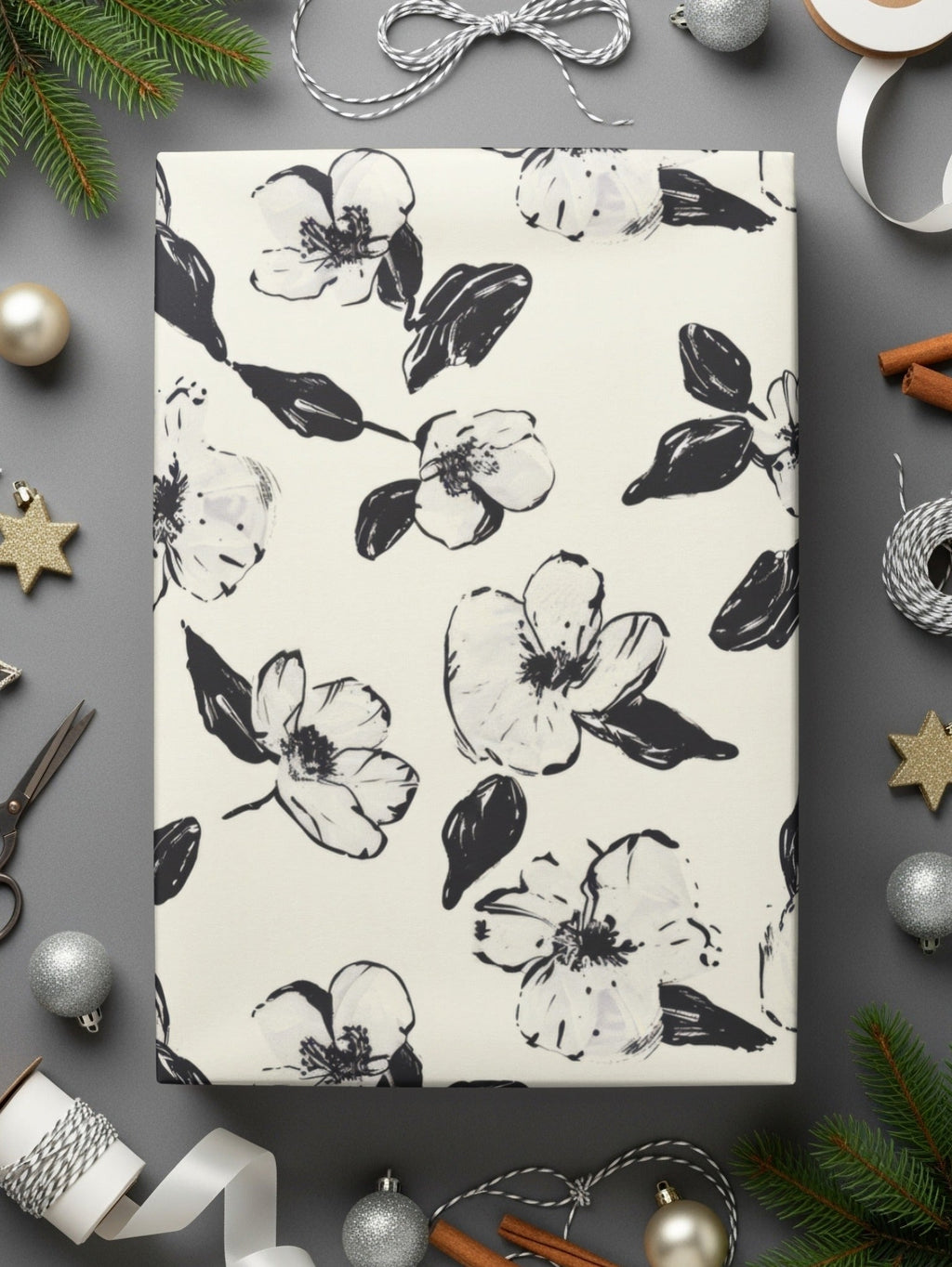 Black and White Floral Pattern, Seamless Flower Digital Paper, Magnolia Blossom, Digital Background, Fabric Design, Scrapbooking - Moore and Mountain