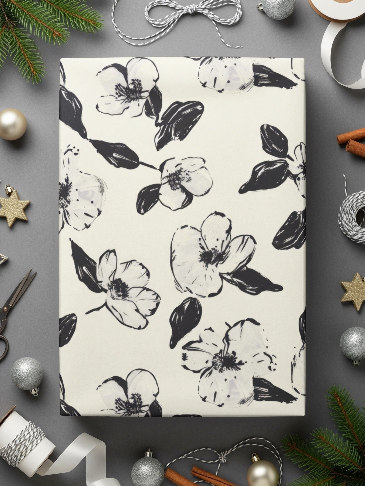 Black and White Floral Pattern, Seamless Flower Digital Paper, Magnolia Blossom, Digital Background, Fabric Design, Scrapbooking - Moore and Mountain