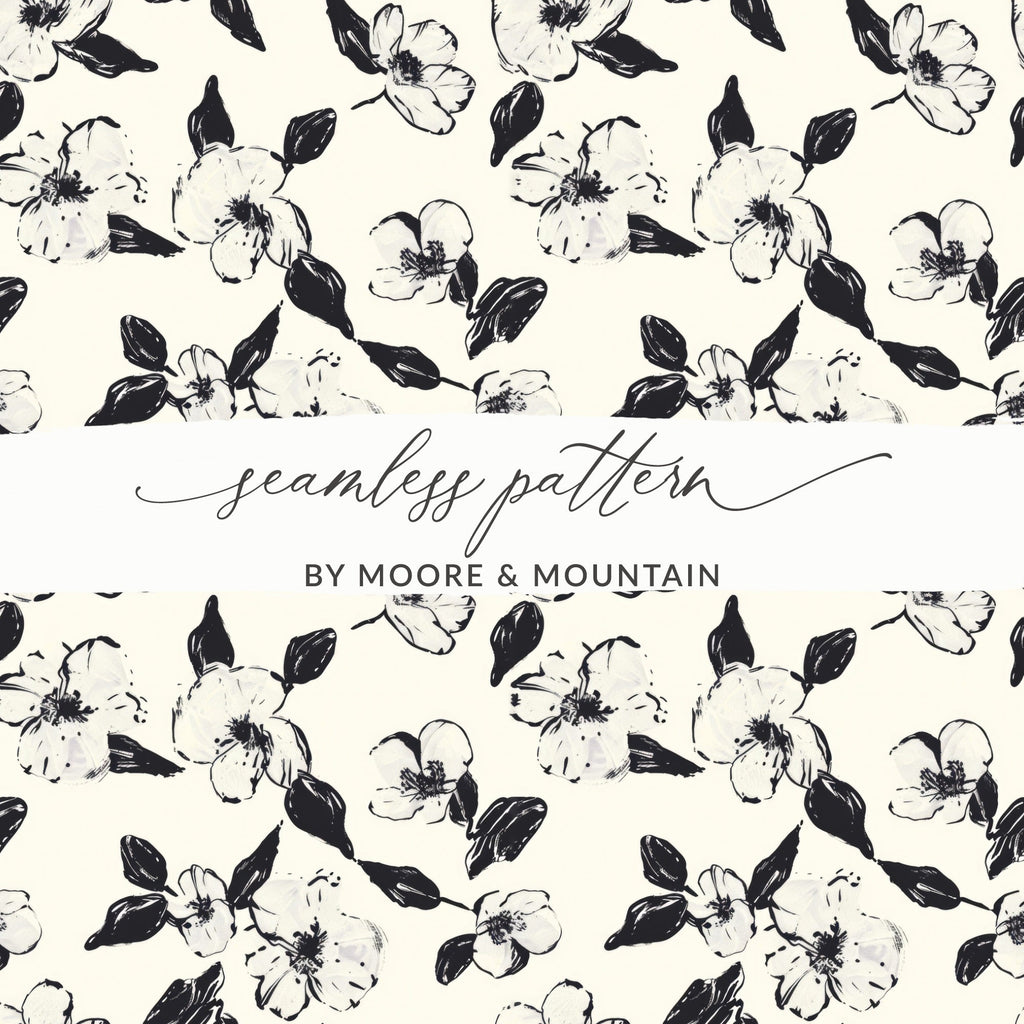 Black and White Floral Pattern, Seamless Flower Digital Paper, Magnolia Blossom, Digital Background, Fabric Design, Scrapbooking - Moore and Mountain