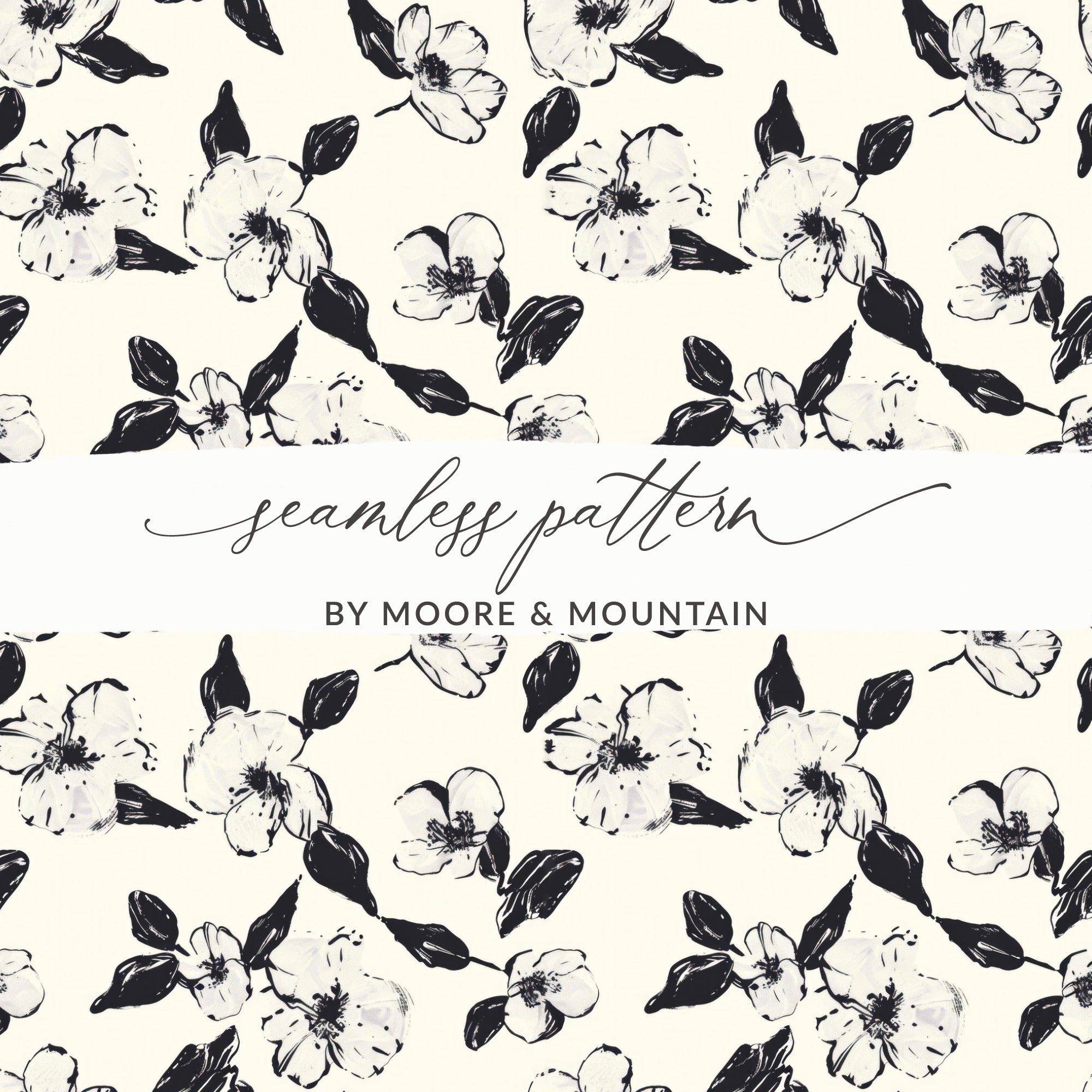 Black and White Floral Pattern, Seamless Flower Digital Paper, Magnolia Blossom, Digital Background, Fabric Design, Scrapbooking - Moore and Mountain
