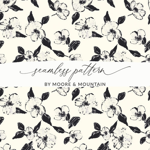 Black and White Floral Pattern, Seamless Flower Digital Paper, Magnolia Blossom, Digital Background, Fabric Design, Scrapbooking - Moore and Mountain