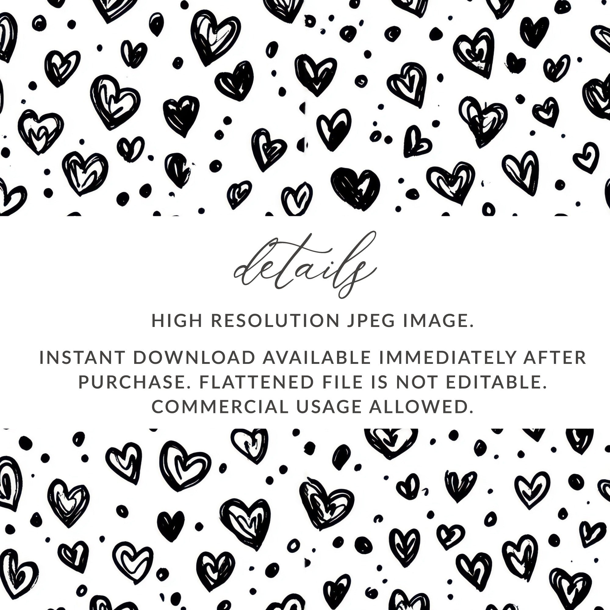 Black and White Hearts Doodle, Abstract Digital Pattern, Seamless Heart Design, Love Digital Paper, Scrapbook Paper Digital, Heart Pattern - Moore and Mountain