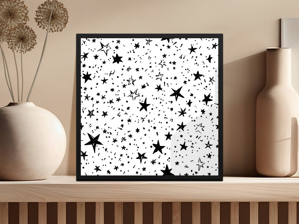 Black and White Star Doodle, Abstract Digital Paper, Modern Geometric Seamless Pattern, Celestial Printable Art, Stars Background - Moore and Mountain