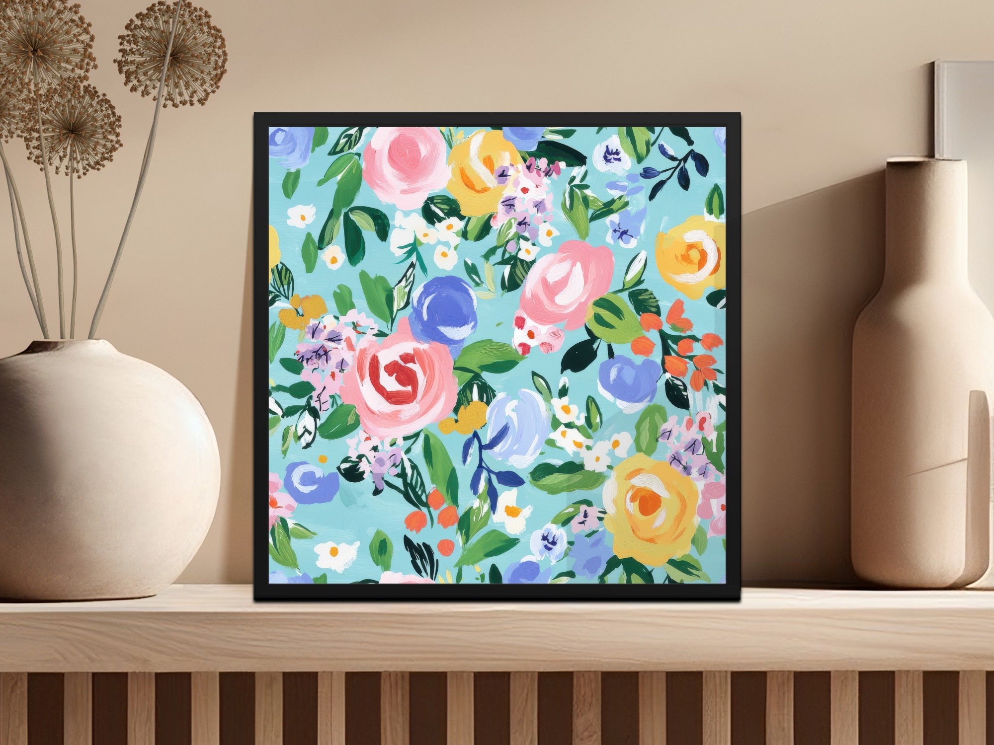 Blue Abstract Floral Seamless Pattern Digital Paper, Acrylic Spring Ditsy Flower Background, Fine Art Floral, Modern Gouache Painted Design - Moore and Mountain