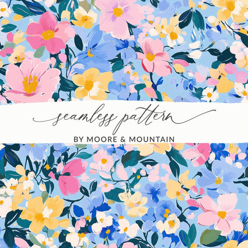 Blue Acrylic Floral Seamless Pastel Floral Garden Digital Pattern | Painterly Design for Printables & Crafts - Moore and Mountain