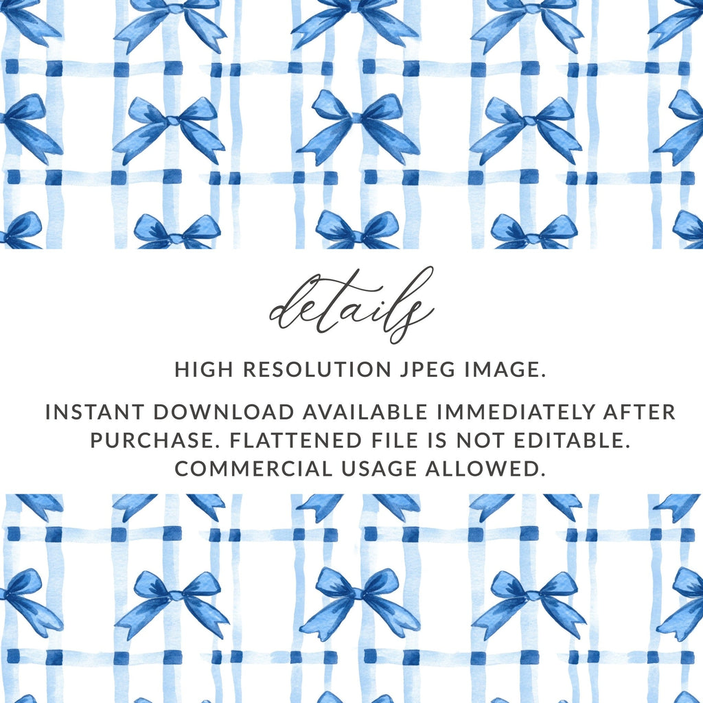 Blue Bow Digital Paper, Gingham Background, Seamless Pattern, Scrapbook Paper, Fabric Design, Watercolor Design, Cute Pattern - Moore and Mountain