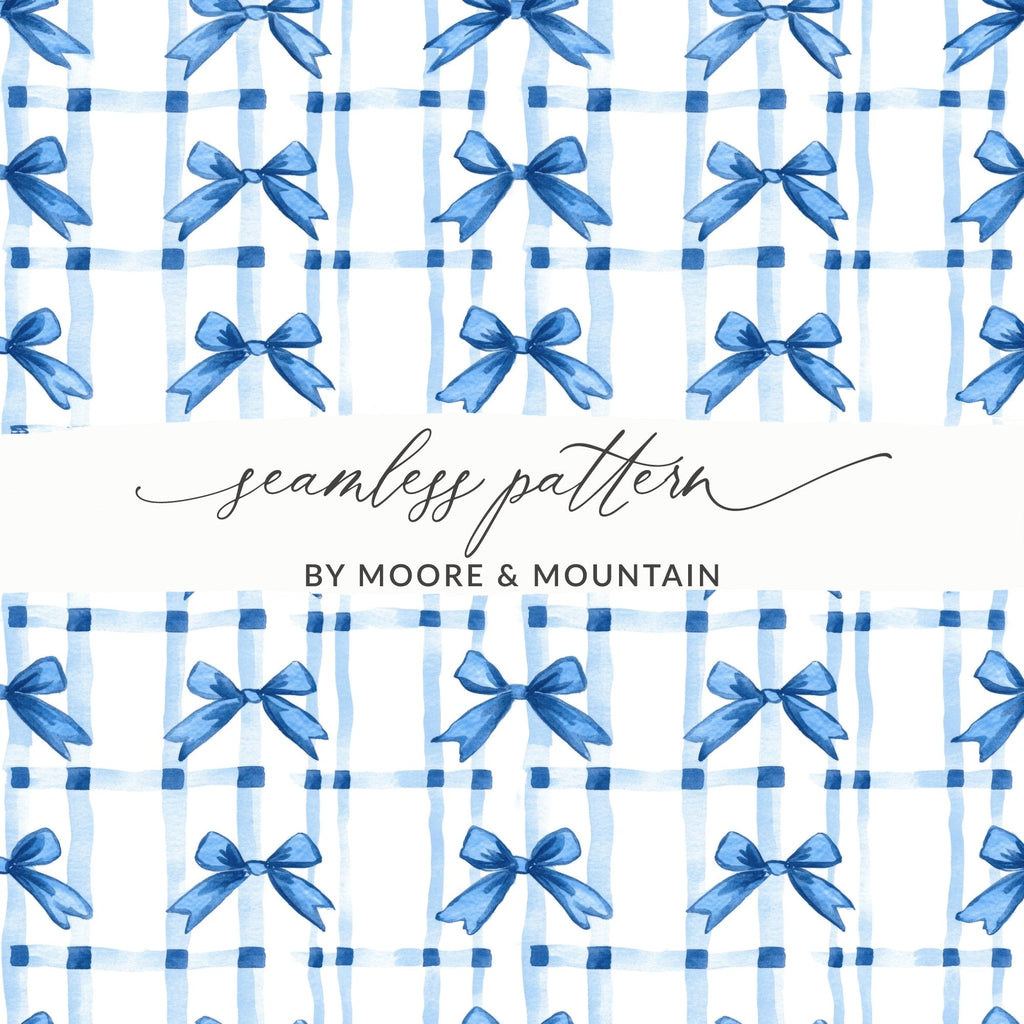 Blue Bow Digital Paper, Gingham Background, Seamless Pattern, Scrapbook Paper, Fabric Design, Watercolor Design, Cute Pattern - Moore and Mountain