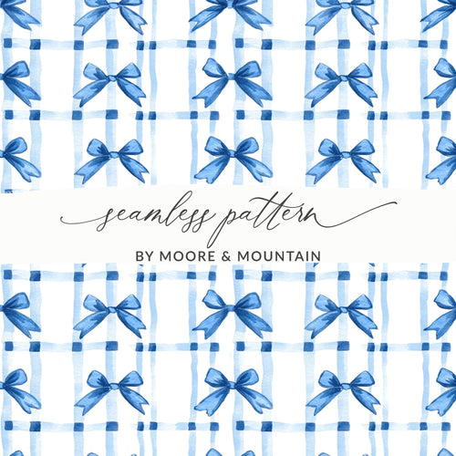 Blue Bow Digital Paper, Gingham Background, Seamless Pattern, Scrapbook Paper, Fabric Design, Watercolor Design, Cute Pattern - Moore and Mountain