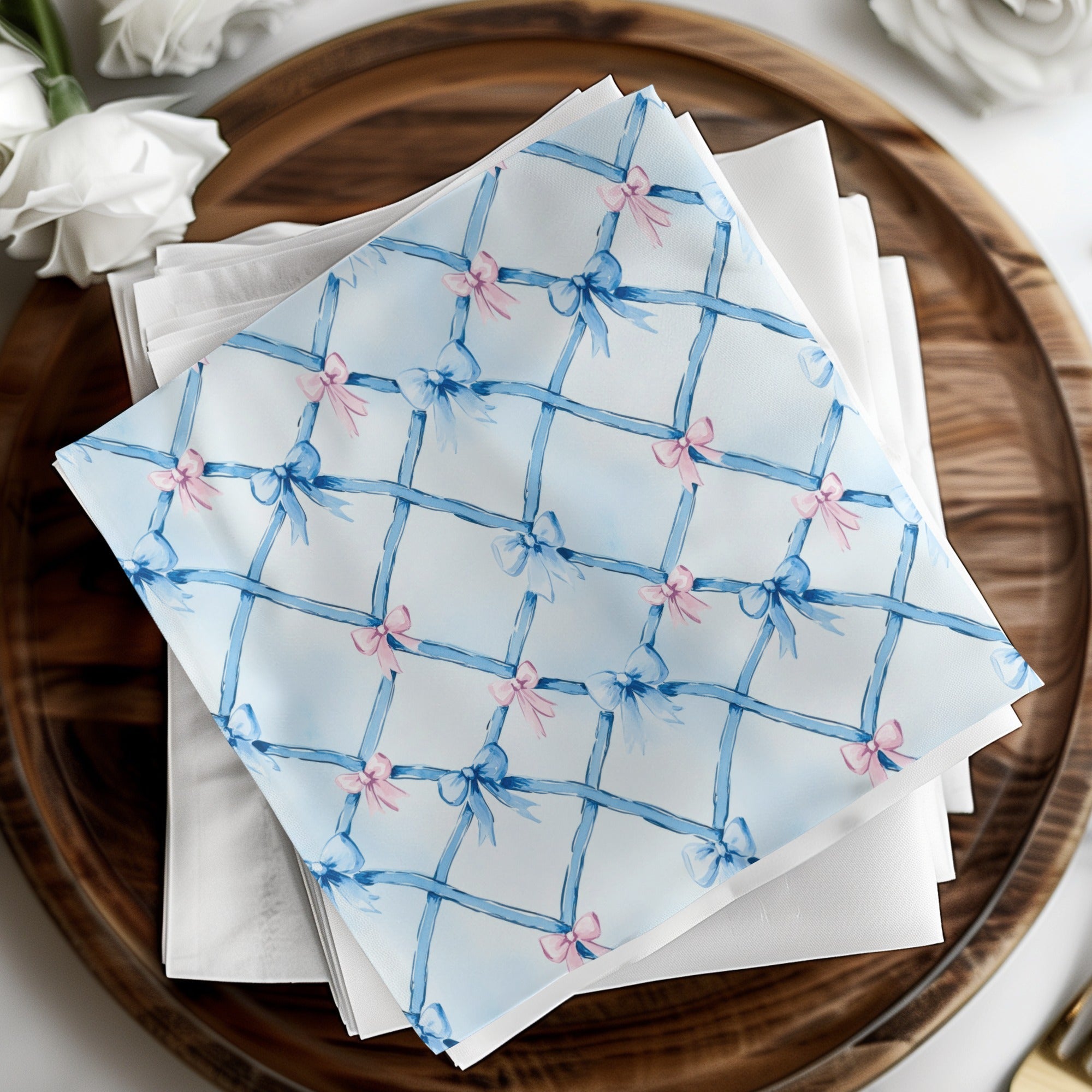 Blue Bow Digital Paper, Pink Bows Pattern, Watercolor Floral, Abstract Background, Digital Seamless Pattern, Scrapbook Paper, Commercial Use - Moore and Mountain
