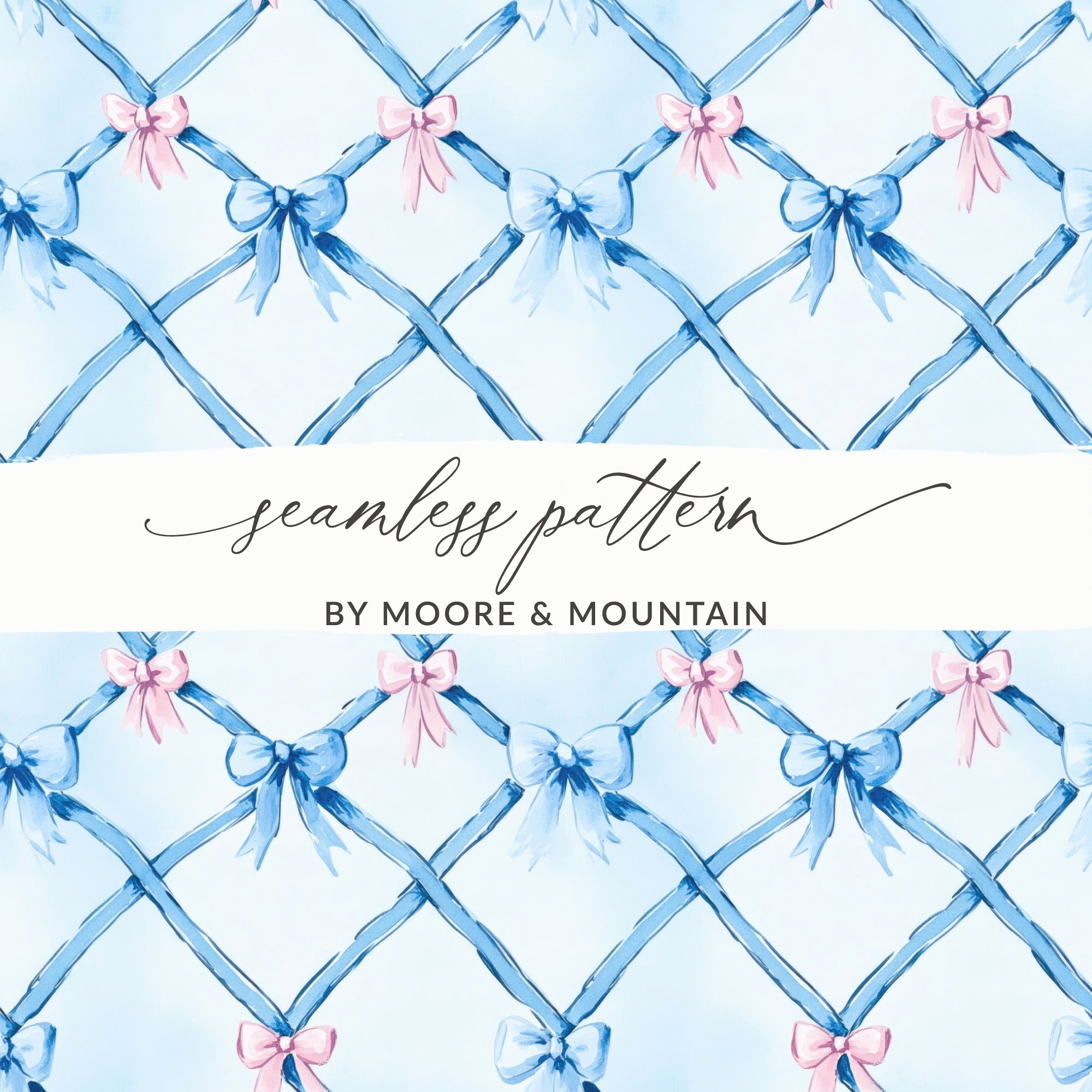 Blue Bow Digital Paper, Pink Bows Pattern, Watercolor Floral, Abstract Background, Digital Seamless Pattern, Scrapbook Paper, Commercial Use - Moore and Mountain
