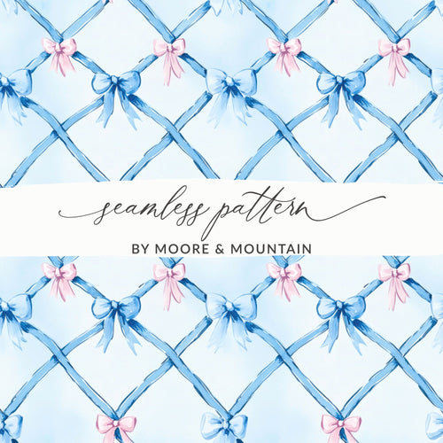 Blue Bow Digital Paper, Pink Bows Pattern, Watercolor Floral, Abstract Background, Digital Seamless Pattern, Scrapbook Paper, Commercial Use - Moore and Mountain
