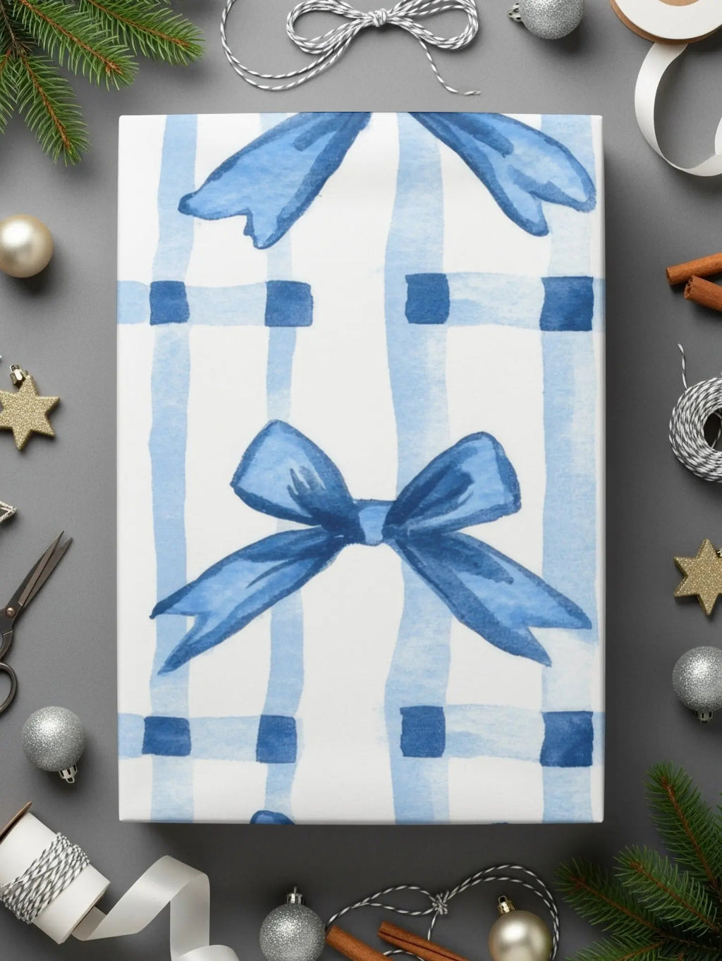 Blue Bow Seamless Digital Paper, Watercolor Plaid Pattern, Fabric Design, Digital Scrapbooking, Ribbon Texture, Gift Wrap, Digital Files - Moore and Mountain