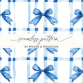 Blue Bow Seamless Digital Paper, Watercolor Plaid Pattern, Fabric Design, Digital Scrapbooking, Ribbon Texture, Gift Wrap, Digital Files - Moore and Mountain