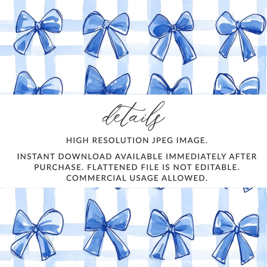 Blue Bow Seamless Pattern, Watercolor Digital Paper, Gift Wrap, Fabric Design, Scrapbooking, Background, Commercial Use, Digital - Moore and Mountain