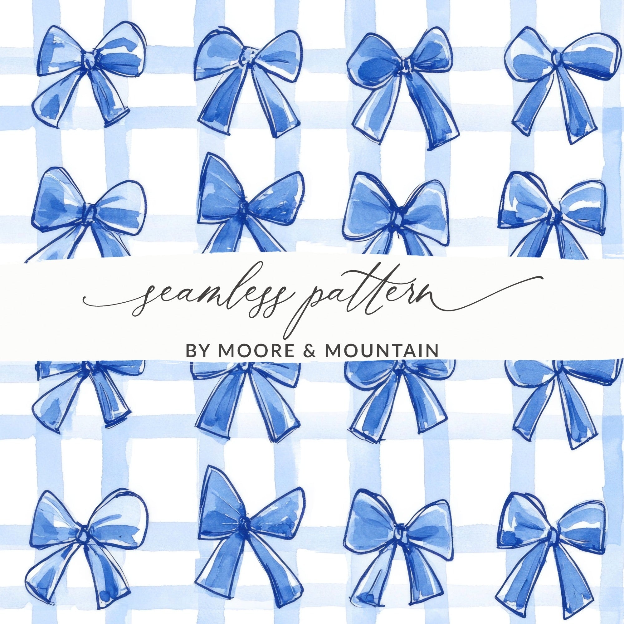 Blue Bow Seamless Pattern, Watercolor Digital Paper, Gift Wrap, Fabric Design, Scrapbooking, Background, Commercial Use, Digital - Moore and Mountain