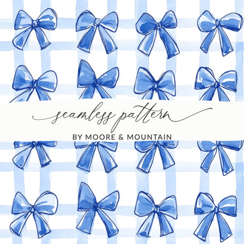 Blue Bow Seamless Pattern, Watercolor Digital Paper, Gift Wrap, Fabric Design, Scrapbooking, Background, Commercial Use, Digital - Moore and Mountain