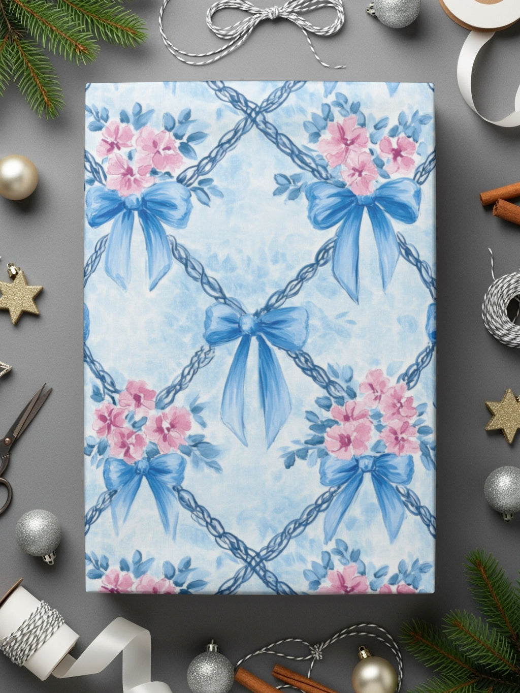 Blue Bows and Pink Flowers Digital Paper, Watercolor Floral, Seamless Pattern, Fabric Design, Scrapbooking Paper, Printable Art - Moore and Mountain