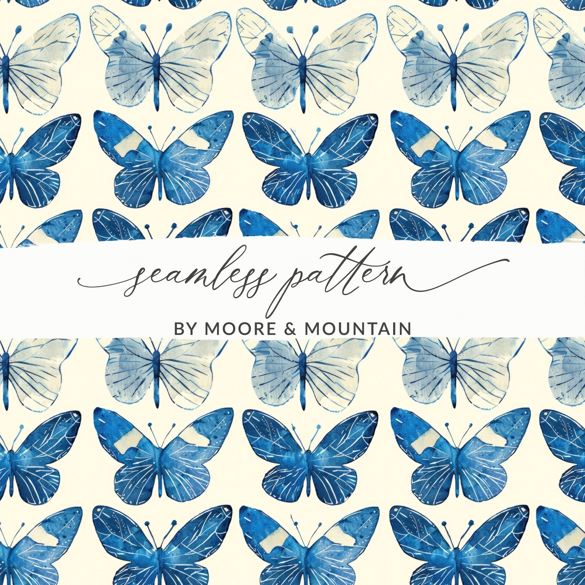 Blue Butterfly Pattern, Digital Paper, Seamless Background, Scrapbook Paper, Watercolor Butterfly Art, Commercial Use - Moore and Mountain
