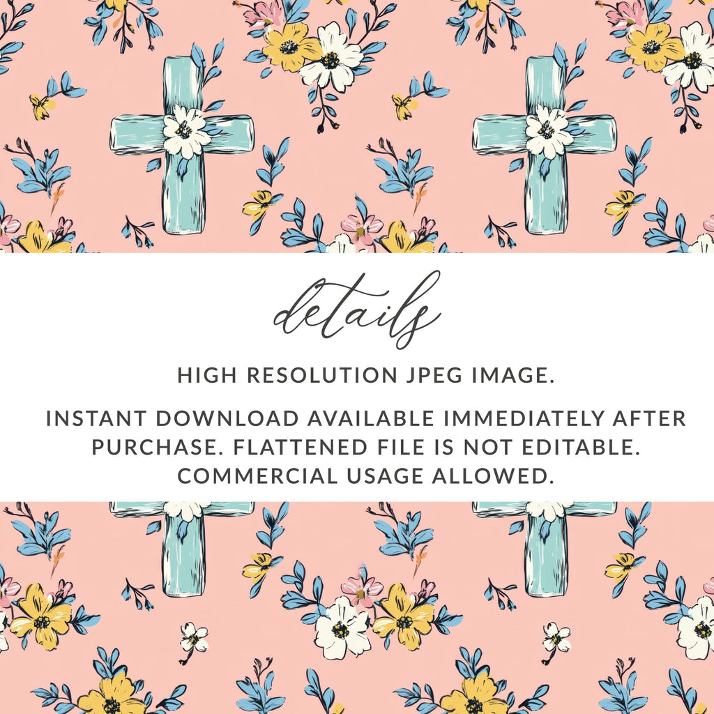 Blue Cross Floral Digital Paper, Pink Spring Flowers Pattern, Christian Seamless Design, Easter Wallpaper Background, Scrapbooking Printable - Moore and Mountain