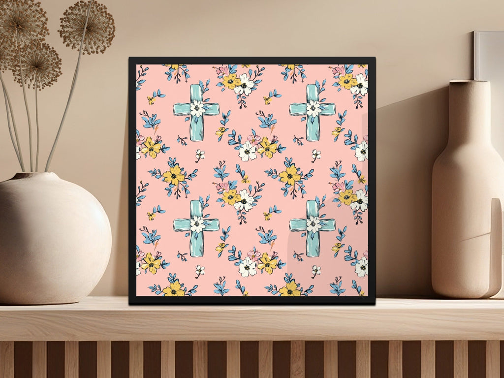 Blue Cross Floral Digital Paper, Pink Spring Flowers Pattern, Christian Seamless Design, Easter Wallpaper Background, Scrapbooking Printable - Moore and Mountain