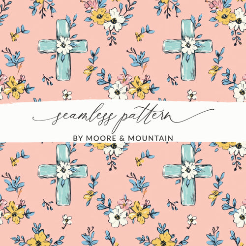 Blue Cross Floral Digital Paper, Pink Spring Flowers Pattern, Christian Seamless Design, Easter Wallpaper Background, Scrapbooking Printable - Moore and Mountain