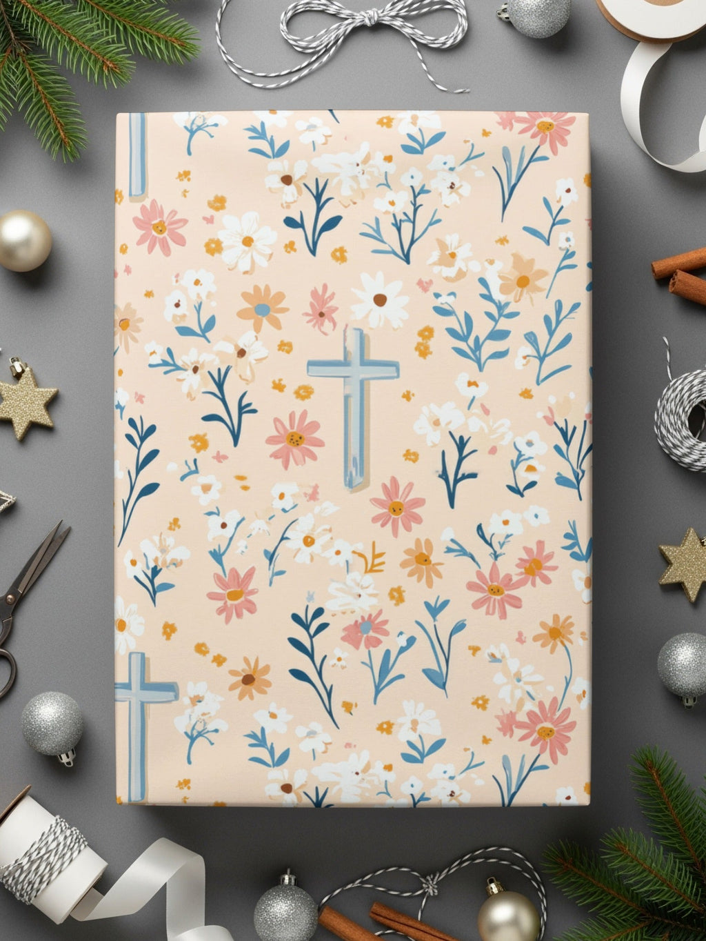 Blue Cross Floral Digital Paper, Spring Flowers Seamless Pattern, Easter Design, Religious Fabric Print, Christian Background - Moore and Mountain