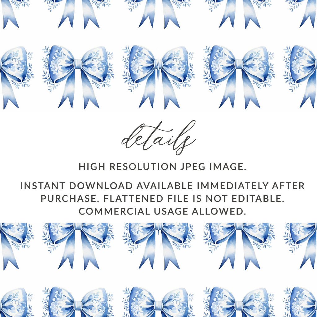Blue Floral Bow Digital Paper, Seamless Patterns for Scrapbooking, Watercolor Bows, Festive Digital Design, Craft Project, Digital Product - Moore and Mountain