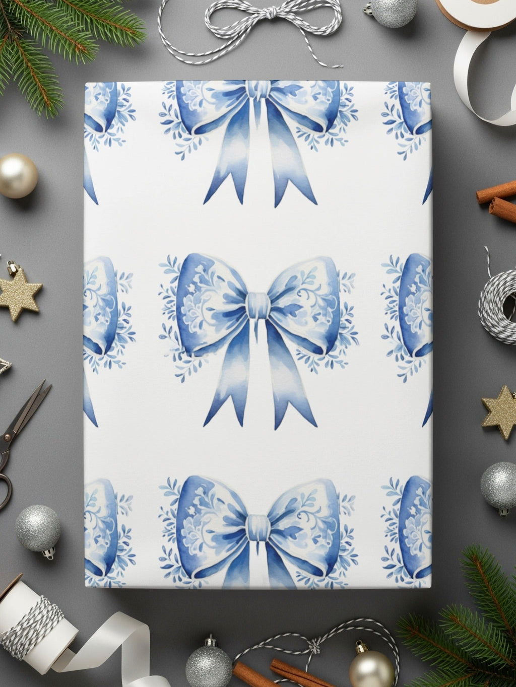 Blue Floral Bow Digital Paper, Seamless Patterns for Scrapbooking, Watercolor Bows, Festive Digital Design, Craft Project, Digital Product - Moore and Mountain
