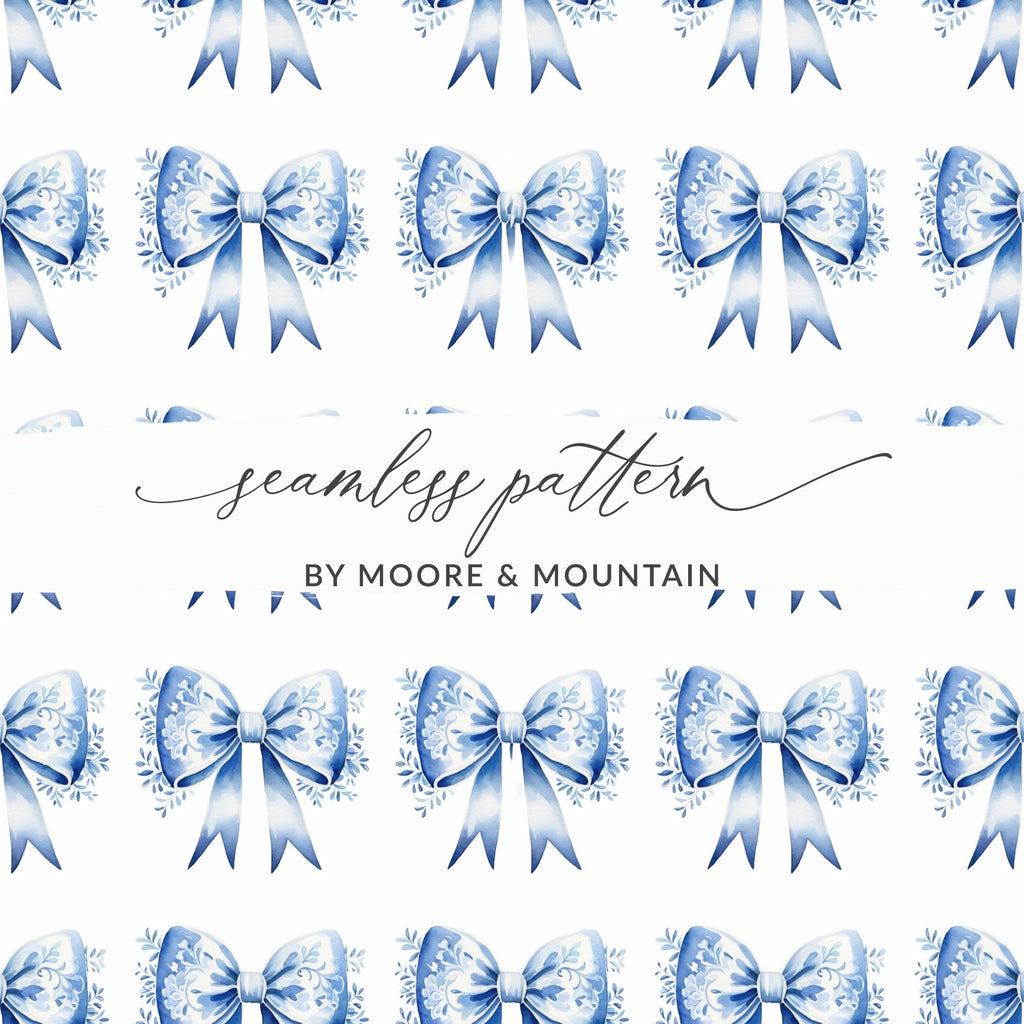 Blue Floral Bow Digital Paper, Seamless Patterns for Scrapbooking, Watercolor Bows, Festive Digital Design, Craft Project, Digital Product - Moore and Mountain