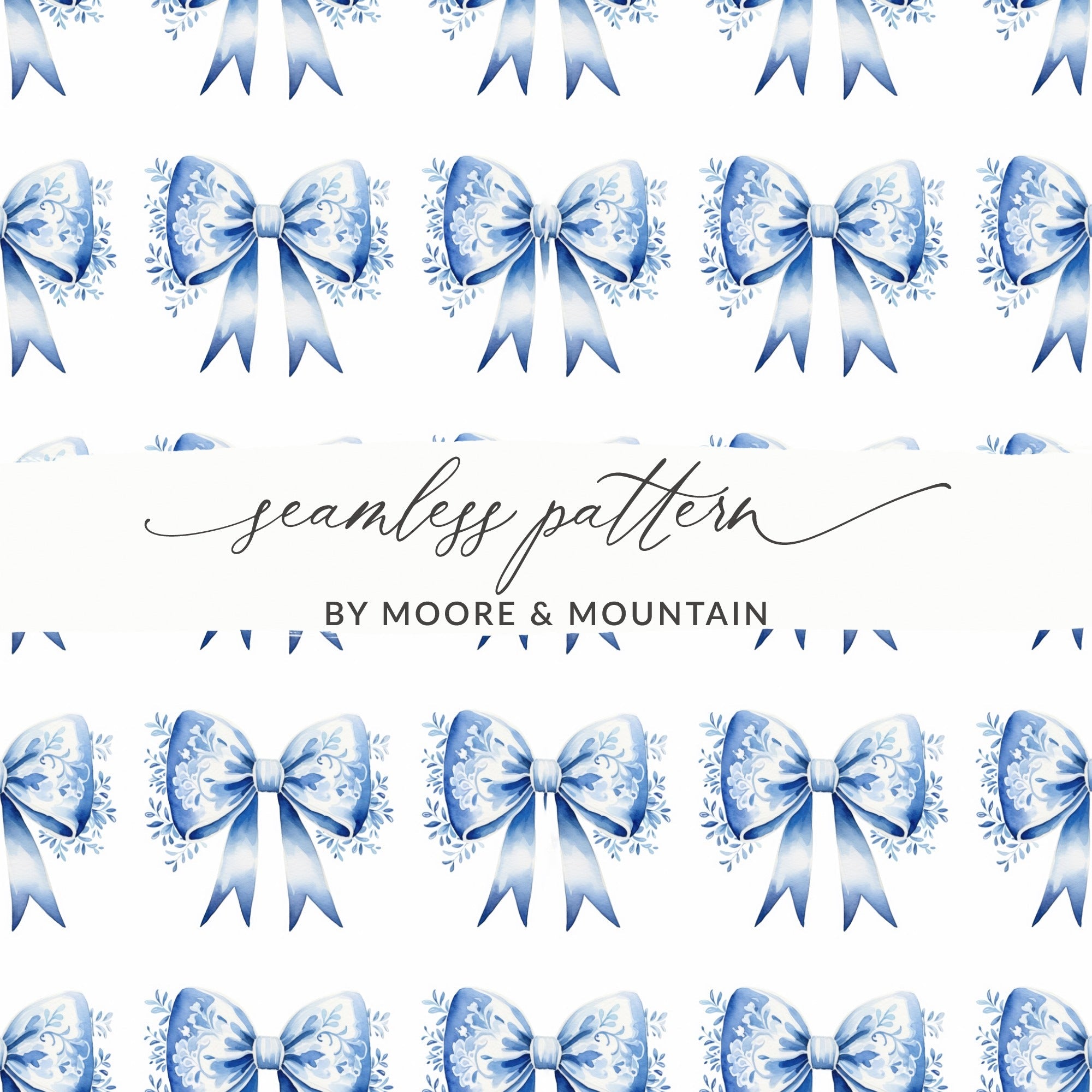 Blue Floral Bow Digital Paper, Seamless Patterns for Scrapbooking, Watercolor Bows, Festive Digital Design, Craft Project, Digital Product - Moore and Mountain