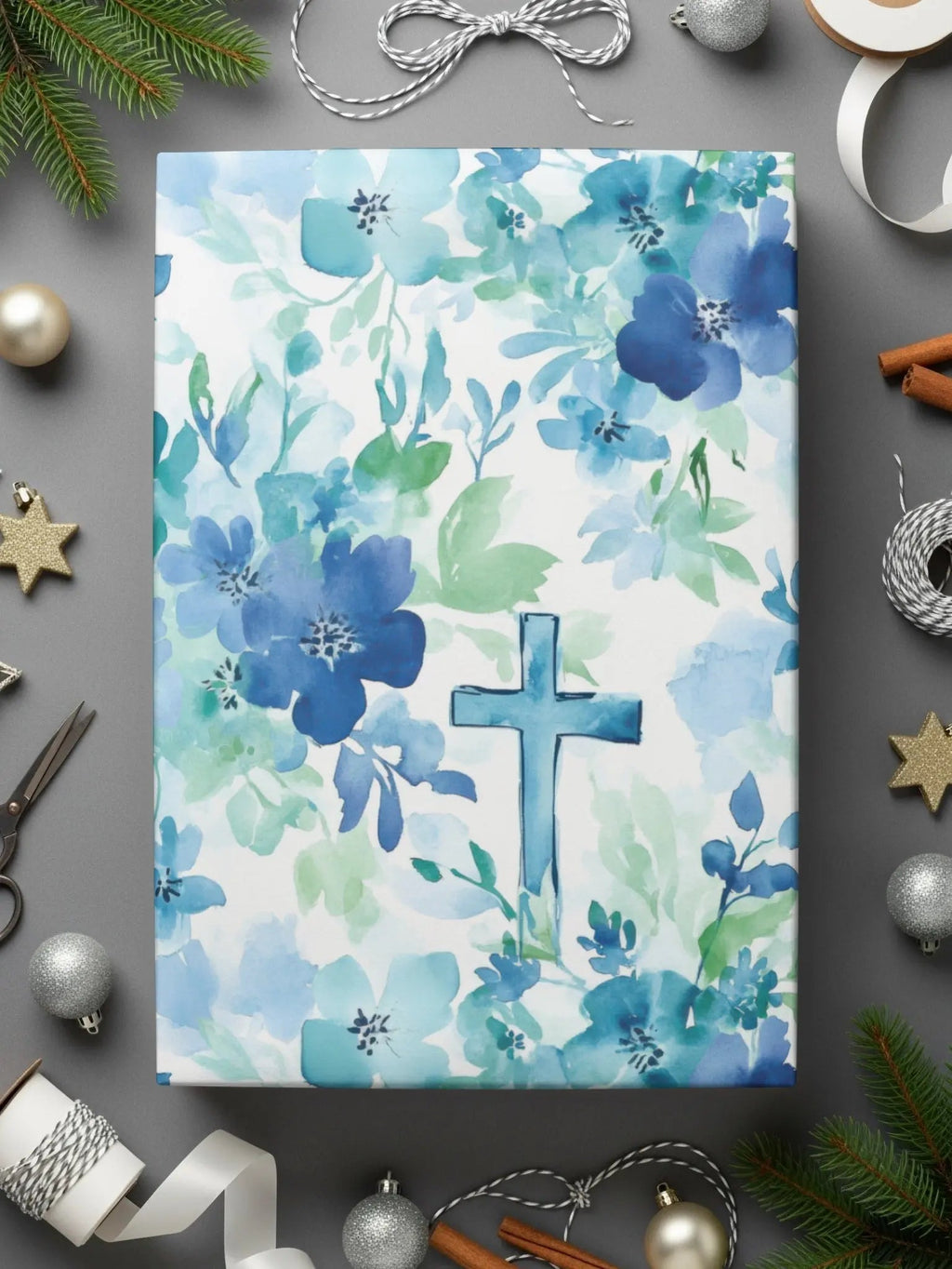 Blue Floral Cross Digital Paper, Seamless Pattern, Baptism Fabric, Watercolor Flowers, Church Scrapbook, Printable, Religious Digital - Moore and Mountain
