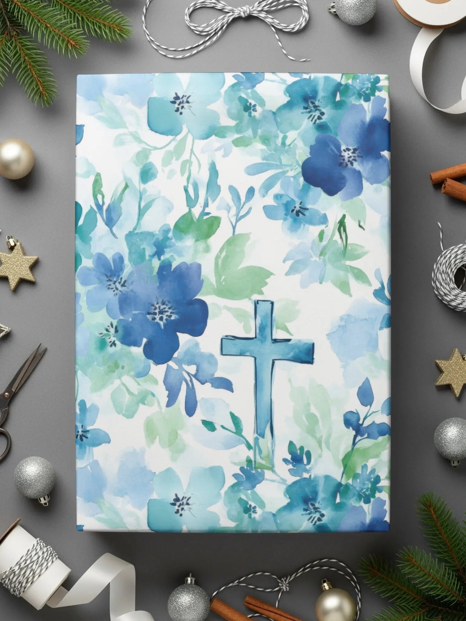 Blue Floral Cross Digital Paper, Seamless Pattern, Baptism Fabric, Watercolor Flowers, Church Scrapbook, Printable, Religious Digital - Moore and Mountain