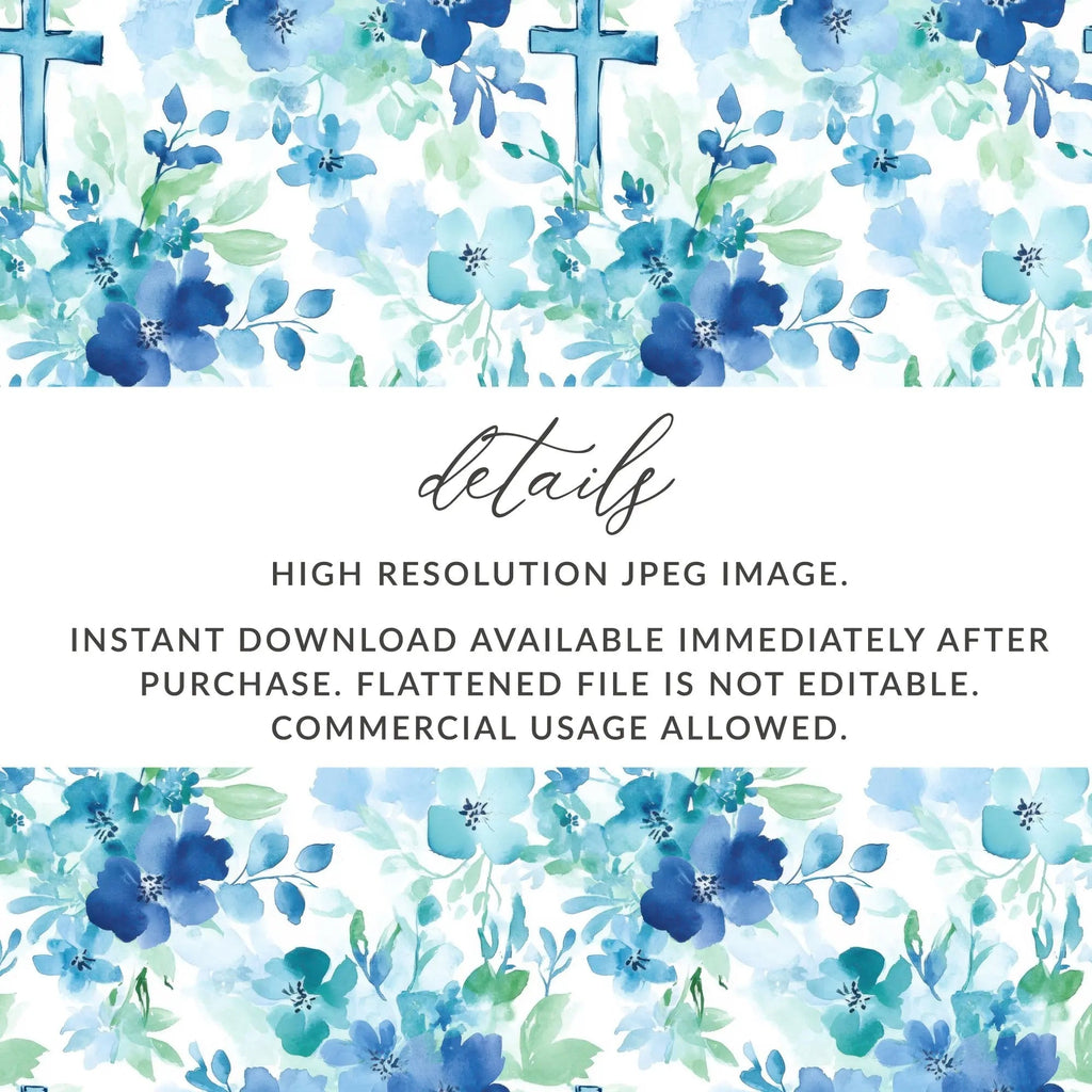 Blue Floral Cross Digital Paper, Seamless Pattern, Baptism Fabric, Watercolor Flowers, Church Scrapbook, Printable, Religious Digital - Moore and Mountain