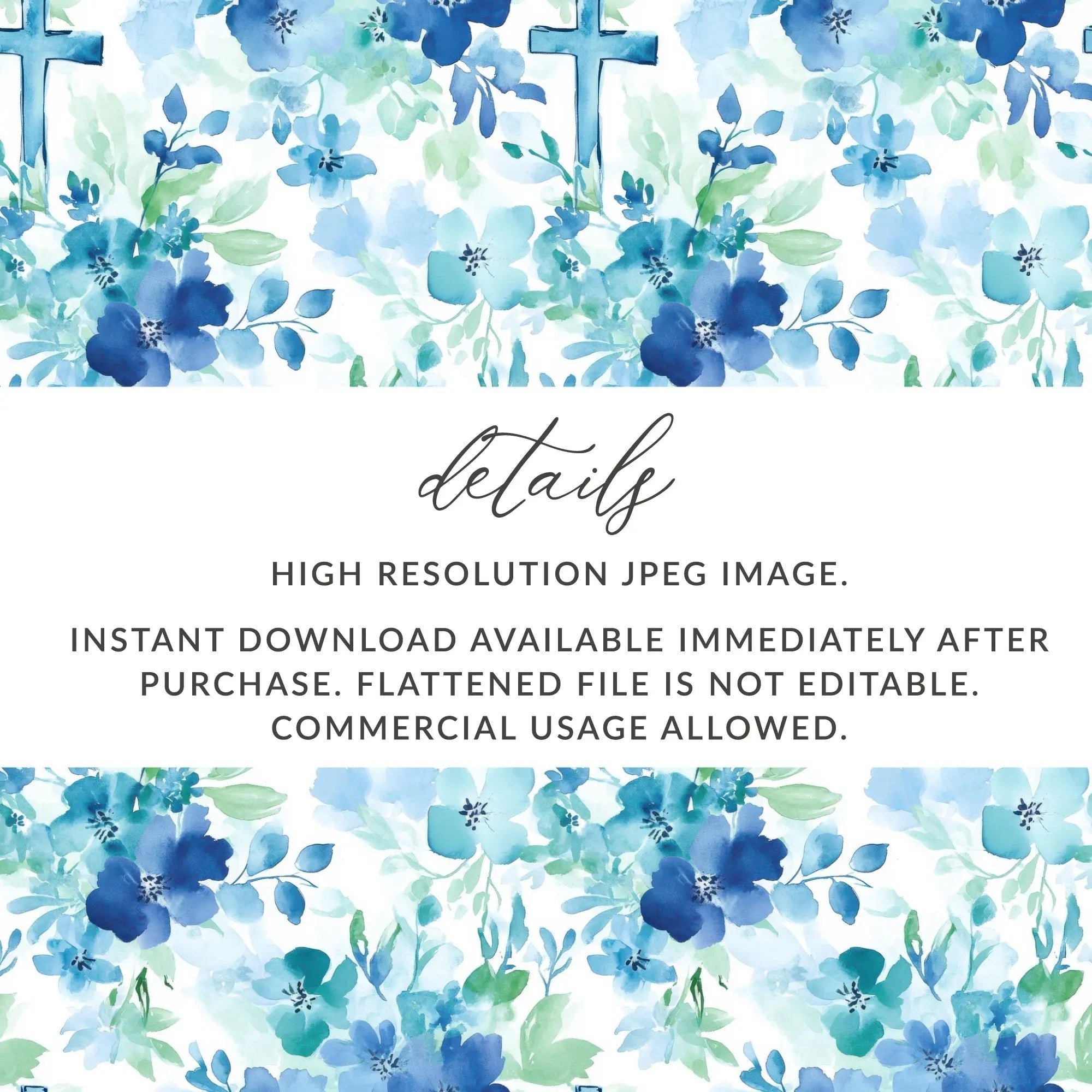 Blue Floral Cross Digital Paper, Seamless Pattern, Baptism Fabric, Watercolor Flowers, Church Scrapbook, Printable, Religious Digital - Moore and Mountain