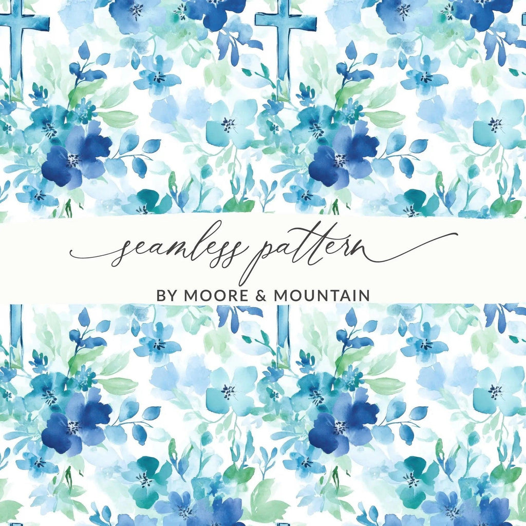 Blue Floral Cross Digital Paper, Seamless Pattern, Baptism Fabric, Watercolor Flowers, Church Scrapbook, Printable, Religious Digital - Moore and Mountain