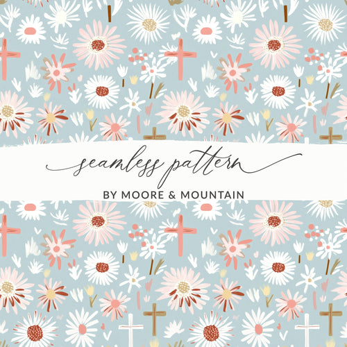 Blue Floral Cross Digital Paper, Spring Flower Pattern, Religious Seamless Design, Easter Illustration, Pastel Print, Baptism, Digital File - Moore and Mountain