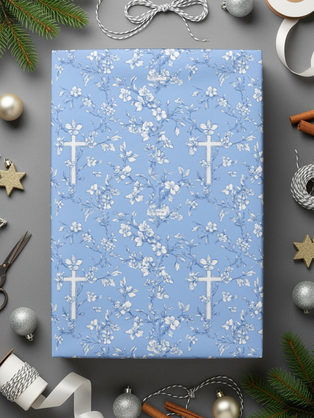Blue Floral Cross Pattern, Seamless Design, Digital Download, Repeating Pattern, Religious Print, Flower Pattern, Christian Graphic - Moore and Mountain