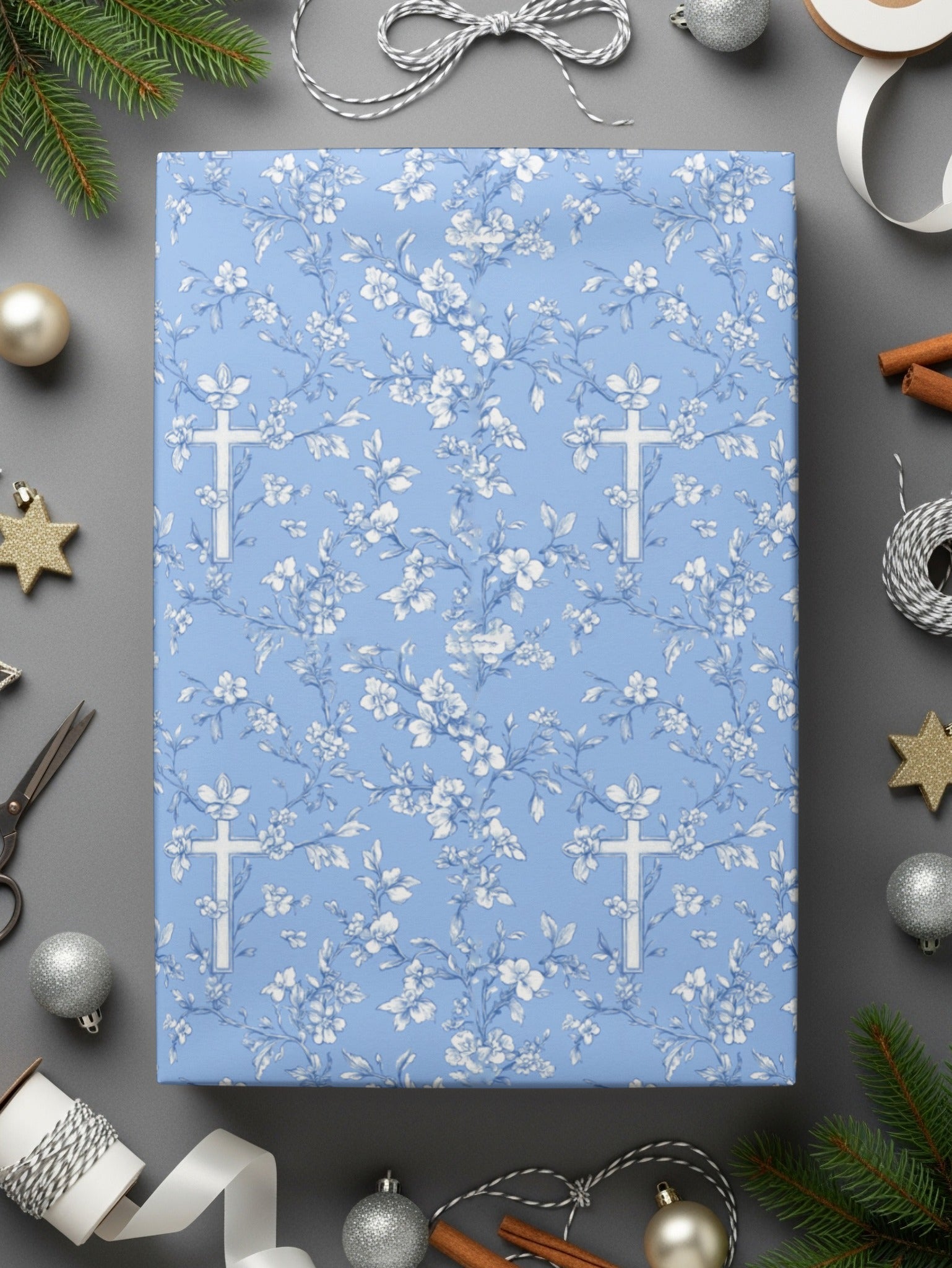 Blue Floral Cross Pattern, Seamless Design, Digital Download, Repeating Pattern, Religious Print, Flower Pattern, Christian Graphic - Moore and Mountain